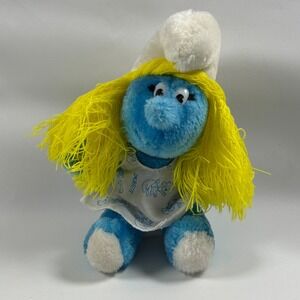 Vintage Smurfette Plush 9" Blue Smurf Stuffed Toy Dress Peyo Wallace Berrie